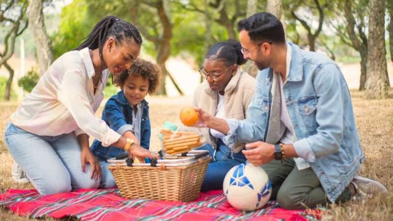 Diverse family having a picnic outdoors